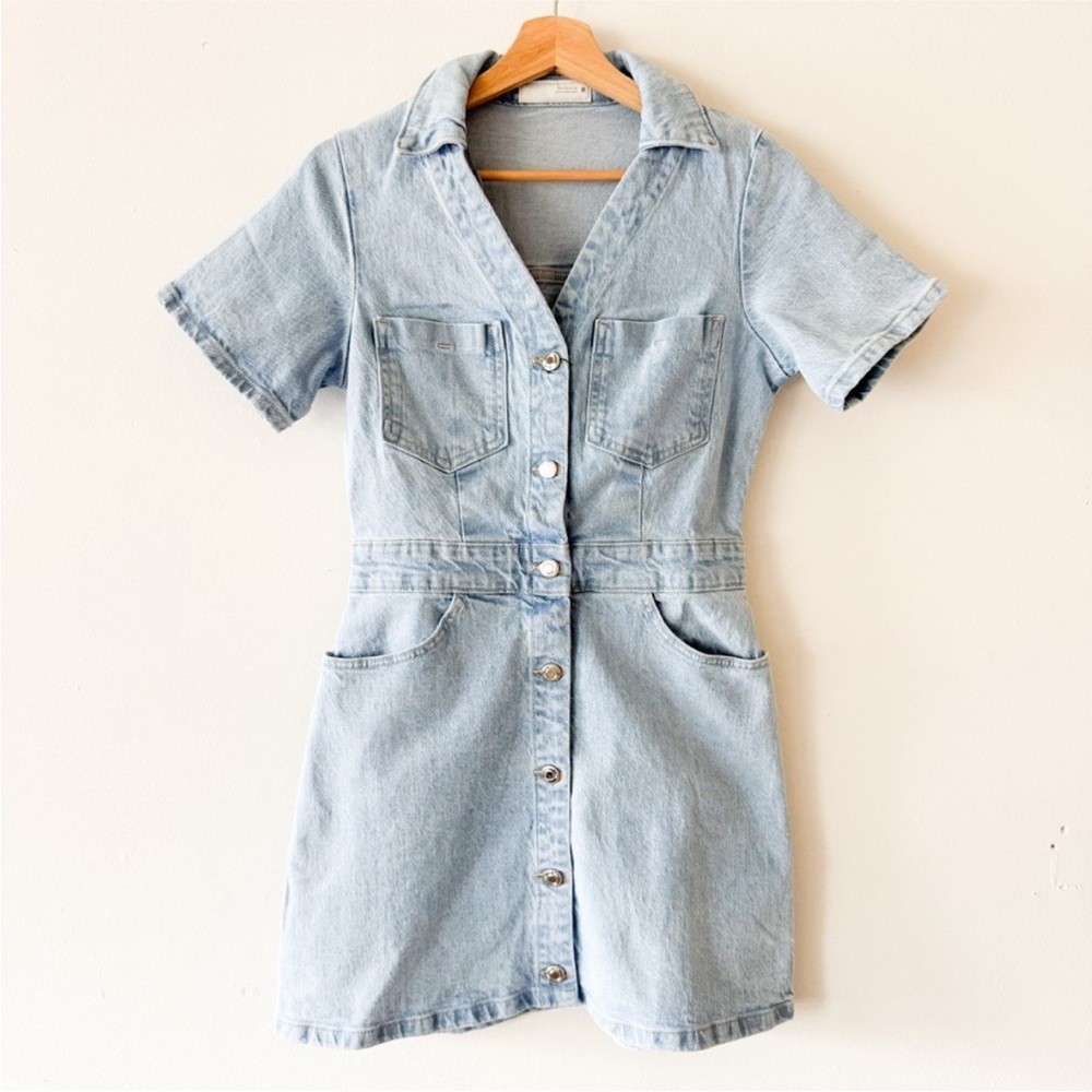Zara Light Wash Denim Dress XL NWT | Button Front Utility Mini Dress - Picture 11 of 14